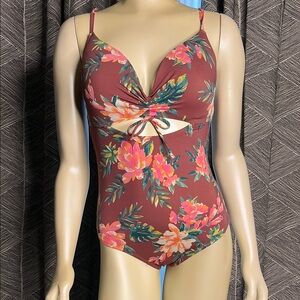 Brown and Pink Floral Swimwear with Sweetheart Neckline
